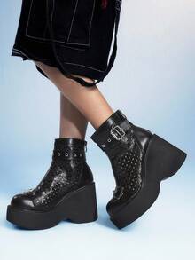 Sugerpunk 女士舒适透气踝靴，适合休闲派对，哥特式金属扣双带后拉链设计，黑色朋克风厚底粗跟踝靴，夏季必备 - 黑色 - 查看 6