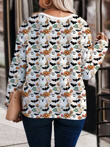 EMERY ROSE New Plus Size Women Fashion Printed Faux Fur Jacquard Halloween Element V-Neck Long Sleeve Loose T-Shirt - Multicolor - View 3