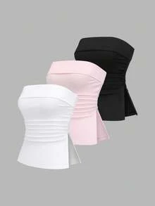 Sweetra Petite Áo cánh không tay xẻ tà viền nhún thanh lịch, Bộ đồ công sở nhỏ nhắn, Mùa thu - Đỏ và trắng - Xem 1