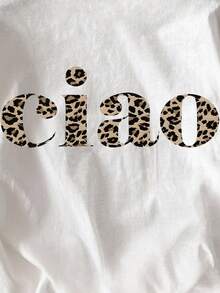 Glissea T-shirt décontracté polyvalent pour femmes avec imprimé léopard et lettres, col rond, manches courtes - Blanc - Voir 5