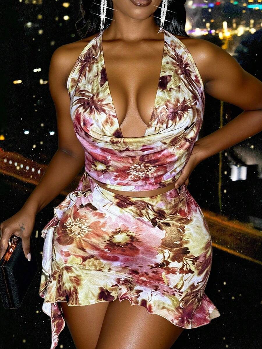 Slaydiva Spring And Summer Fashion Casual Sexy Sway Collar Sleeveless Cropped Vest Top + Asymmetrical Hem Ruffled Mini Skirt Ultra-Short Skirt Yoga Full Pink Upgraded Fruit Green Bottom Print Printed Ladies Two-P