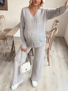 SHEIN 孕妇纯色 V 领落肩麻花针织休闲毛衣套装 - 杏色 - 查看 5