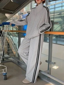 DAZY Women's Casual Contrast Striped Sweatshirt And Pants 2 Pieces Set, Autumn Tracksuits Women Set Lounge Sets For Women