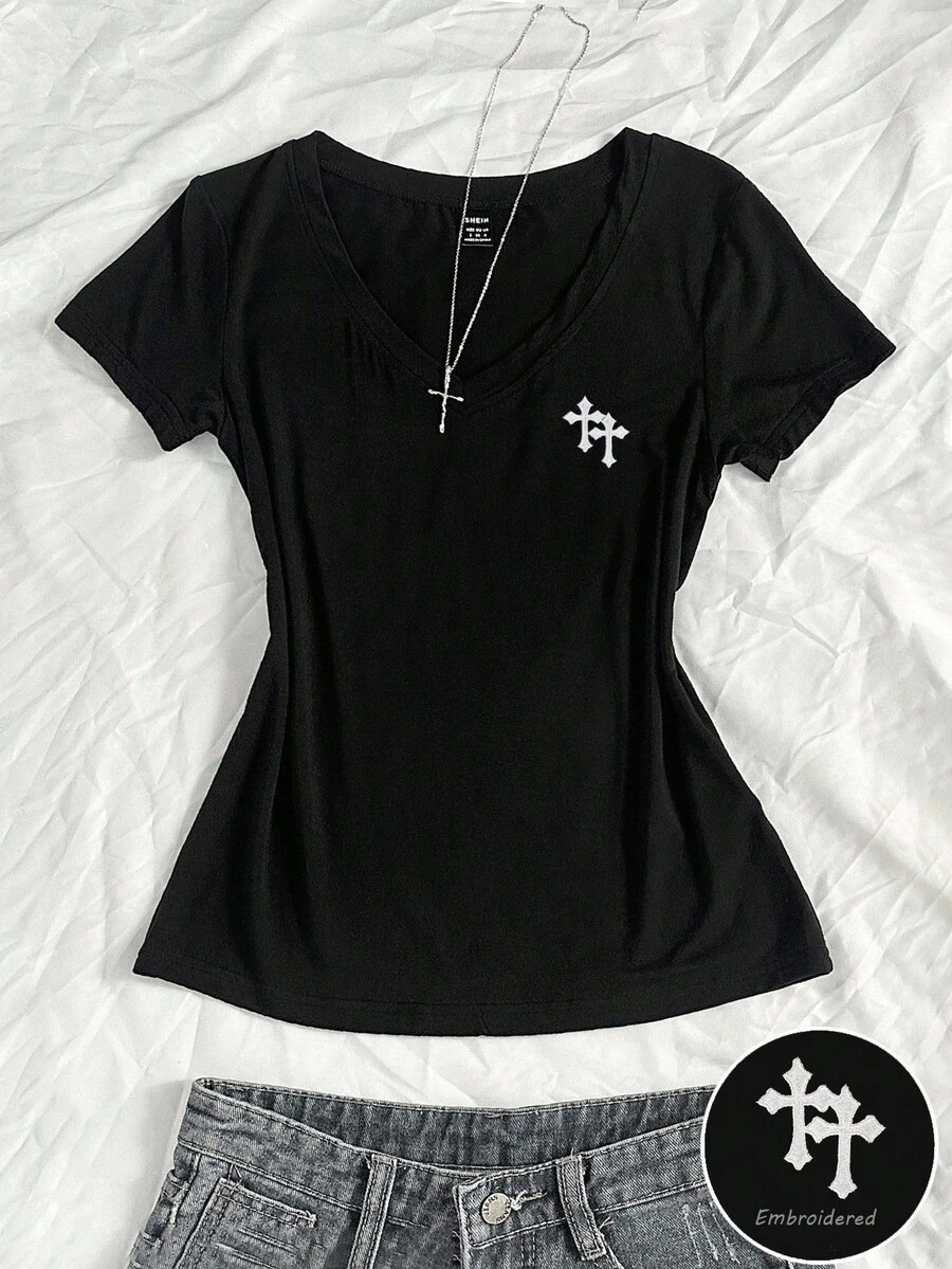 StreetHx Women's Summer V-Neck Slim Fit T-Shirt With Cross Embroidery, Punk Subculture Anime Embroidered Short Sleeve V-Neck T-Shirt - Black - View 1