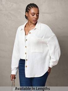 SHEIN Tall CURVE 大码落肩口袋贴片纽扣衬衫，长袖上衣 - 米色 - 查看 1