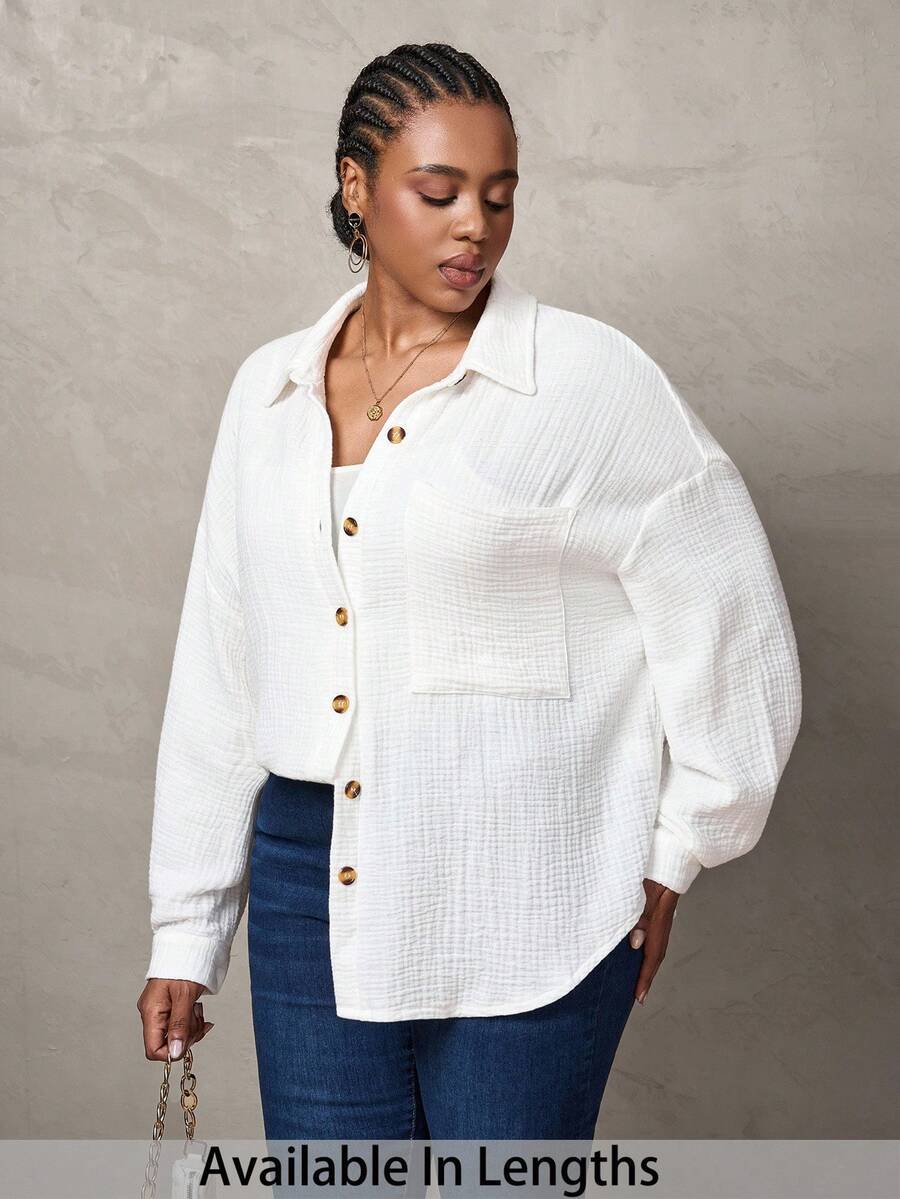 SHEIN Tall CURVE 大码落肩口袋贴片纽扣衬衫，长袖上衣 - 米色 - 查看 1