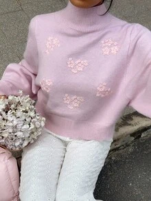 Lyxana 宽松休闲百搭刺绣花卉粉色毛衣 - 粉色 - 查看 6