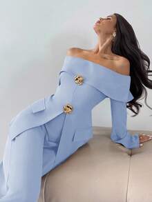 Firerie 2pcs Women Elegant Cold Shoulder Long Sleeve Top And Pants Set, Suitable For Commuting In Fall/Winter - Baby Blue - View 8