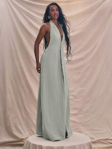 MUSERA 露背吊带深V细节超大露背长裙 春夏吊带裙 度假沙滩装 优雅罩衫 可爱性感度假 伊比沙岛 波西米亚风 婚礼宾客之夜 优雅约会之夜 秋冬夏装 - 綠色 - 查看 2