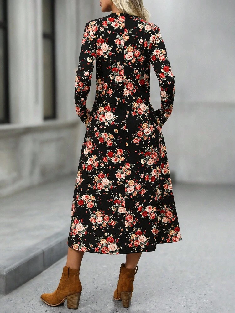 Robe longue décontractée pour femme avec manches longues et taille cintrée, imprimé tout-sur-tout