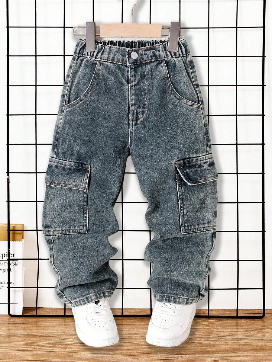 男童休闲宽松直筒撞色缝线工装牛仔裤 - 中等水洗藍 - 查看 1