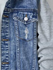 SHEIN Explorewe Denimly Boys' Casual Daily Urban Street Hoodie Fabric Patchwork Design Detachable Hood, Simple & Comfortable Washed Denim Jacket Fall Winter