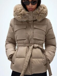Aveloria GENKIRA 奶茶色连帽优雅休闲女式多口袋束腰棉服外套 - 卡其色 - 查看 5