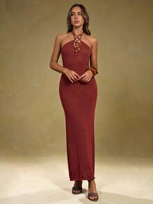 SHEIN BAE Vestido de punto elegante de cuello halter con diseño de cuentas de unicolor para mujer - Marrón - Ver 3