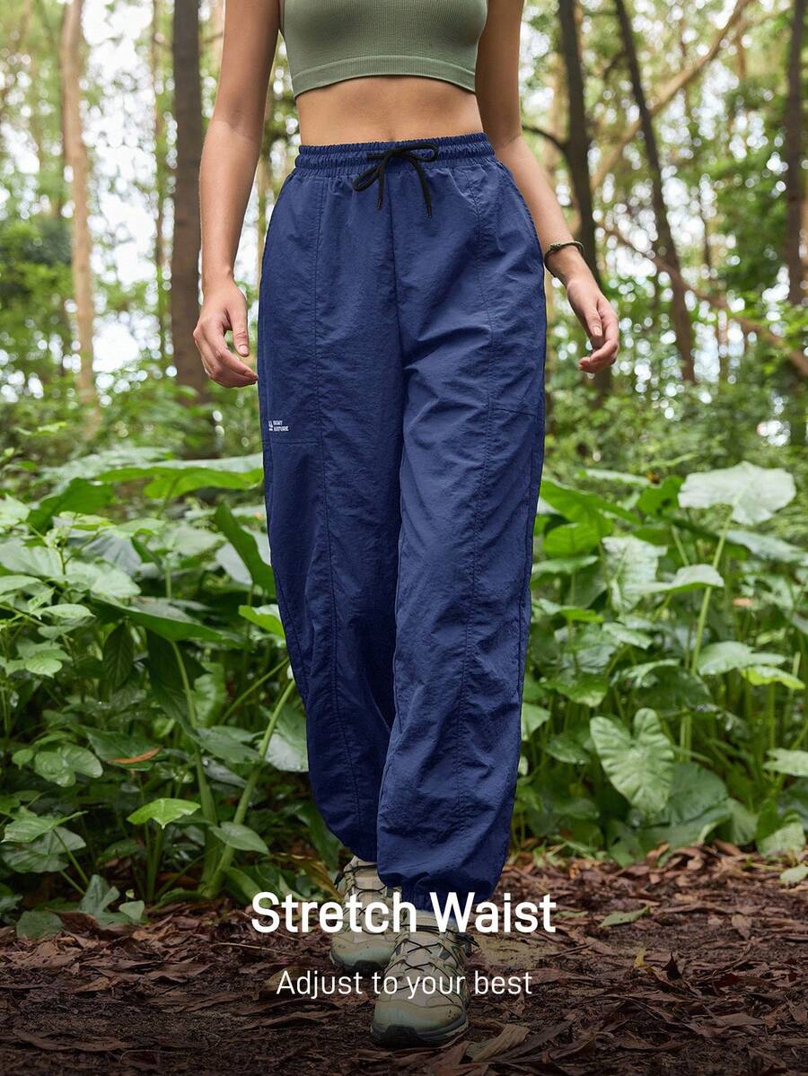 In My Nature Damen-Outdoorhose mit Kordelzug und Taschen, lockere, konische Beinform, hohe Taille, Sporthose, Marineblaue Hose, Wanderhose, Damen, Nylonhose, Damen, Sommerhose für Damen