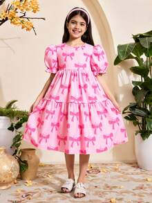 Tween Girl Elegant And Cute Bowknot Puff Sleeve Princess Dress - Pink - View 3
