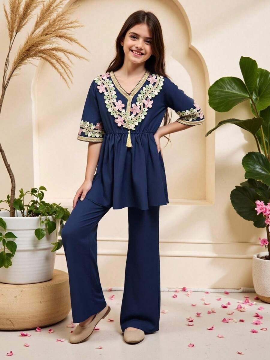 2pcs Tween Girls Traditional Collar Floral Applique Shirt And Pants Set - Multicolor - View 1