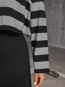 SHEIN Essnce Plus Size Women's Autumn And Winter Fashion Casual Daily Comfortable Black And White Striped Long-Sleeved Loose T-Shirt And Black Vest Long Dress Two Pieces Set,Curve Set,Dress Set,Streetwear For Women,Spring Clothes,Airport Outfit For Women,College Students Outfit - Multicolor - View 3