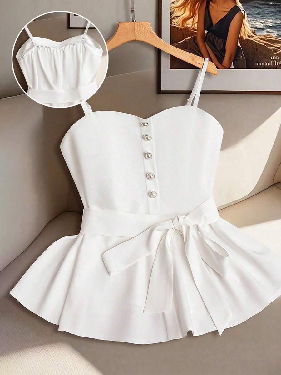 GlowEve CURVE 加大码女式纯色纽扣设计优雅吊带背心 - 白色 - 查看 1