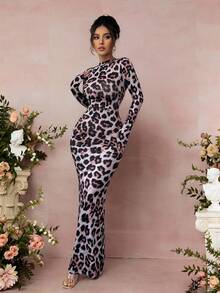 SHEIN Raffinéa Women's Ruched Leopard Print Long Sleeve Bodycon Dress, Commuter Style For Autumn/Winter - Multicolor - View 3