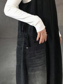 FRIFUL 女式休闲宽松牛仔双口袋连衣裙 - 藍色 - 查看 6