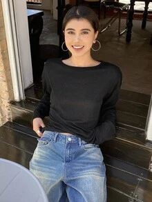 Livesso 女士纯色休闲宽松日常搭配上衣，秋季衣服长袖女上衣 - 黑色 - 查看 9