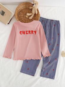 Rosa ribbad körsbärsmönstrad långärmad topp och ribbade byxor för ung flicka