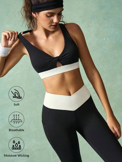 VARSIVA 健身女士运动套装 女士撞色扭纹上衣和喇叭裤 运动套装 喇叭瑜伽裤 喇叭紧身裤 瑜伽运动服 运动套装 运动工作室瑜伽裤