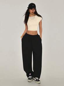 SHEIN PETITE 休闲纯色百搭短款露背T恤，适合娇小身材，夏季 - 杏色 - 查看 3