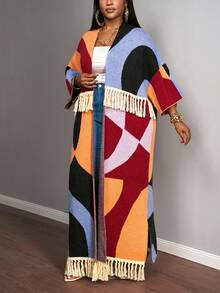 Slaydiva 秋冬新款，宽松几何撞色拼接流苏针织长开衫，适合大码女装，休闲外出、聚会、约会、复古等场合穿着。 - 彩色 - 查看 4