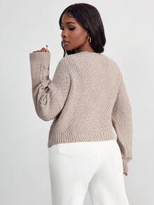 SHEIN PETITE CURVE Cardigan ample à col rond et manches longues, couleur unie, grande taille, automne/hiver - Tabac - Voir 2