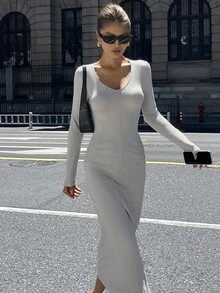 DAZY Vestido de mujer de unicolor con cuello en V y pliegues, de longitud media, para otoño - Gris - Ver 1