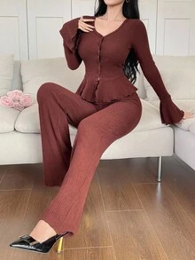 DAZY Damen eleganter einfarbiger Rüschen-Saum Cardigan und Hose 2 Stücke Set, Herbst Loungewear für Frauen - Braun - Übersicht 3