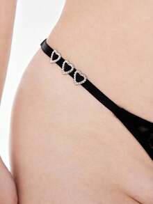 ROMWE J-Fashion 1 pieza Tanga sexy de encaje transparente con corazón brillante de rhinestone, talla grande, estilo Y2K - Negro - Ver 2