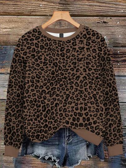 EMERY ROSE 大码豹纹女式圆领运动衫秋冬女士运动衫舒适时尚女士运动衫