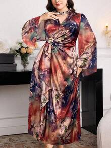 Modelyn 大码女式花卉印花褶饰设计3D花朵装饰长袖优雅连衣裙 - 棕色 - 查看 3