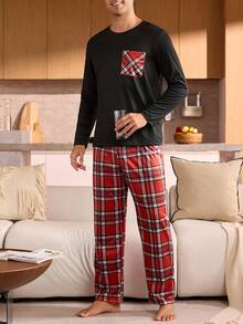 Manfinity Underwear&Sleepwear Basics Plus Size Men's Pajama Set (Long Sleeve Top And Pants, 2 Pieces) - Red - View 4