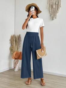 EMERY ROSE 女式休闲纯色抽绳口袋阔腿裤 - 藍色 - 查看 7