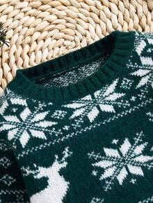 SHEIN 4件套男婴亲子装，绿色小鹿雪花提花图案宽松套头毛衣，加厚保暖内衬，适合圣诞节和冬季穿着。 - 綠色 - 查看 4