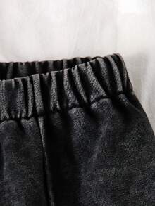 SHEIN Playful Pals Girls Young Girl New Black Washed Casual Loose Playful Cute English Embroidery Zip-Up Knit Denim Top @ Casual Loose Embroidered Wide-Leg Denim Pants Set, Suitable For Daily Wear, Simple And Fashionable Fall Winter - Black - View 4