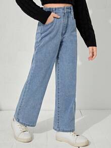SHEIN Jeans rectos de cintura elástica estilo Y2K para niña preadolescente, de uso diario con bolsillos planos - Azul lavado medio - Ver 5