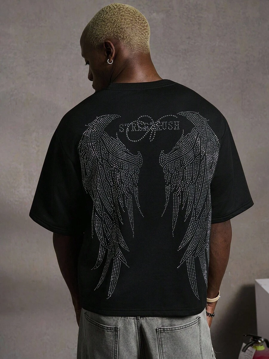 PAVTROS Manfinity Streetrush Men T-Shirts,Halloween,Halloween Party,Streetwear,Halloween,INS Rhinestone Wings Crop T-Shirt For Men, Halloween Street Style, Fall And Winter Urban Hip Hop,Rapper T-Shirt,Boy Friend Gifts. - Black - View 1