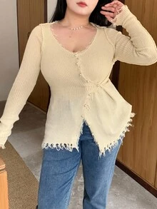 Dazy Plus Cardigan da donna con scollo a V, taglio slim, maniche lunghe, con patchwork e frange, taglia comoda, adatto per primavera/autunno - Albicocca - Visualizzare 8