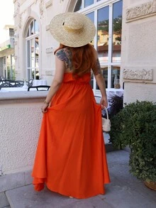 Gretanique New Spring And Summer Casual Holiday Halter Neck Strapless Bust, Waist And Back A Swing Skirt With High Slit On The Front To The Thigh, Yellow Sea Stripe Women's Extra Long Dress-B Summer Dresses For Women,Sun Dresses For Women - Orange - View 2