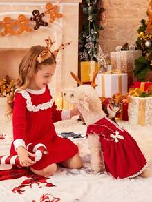 PETSIN Vestido de Natal para Cachorros Pequenos - Corduroy Vermelho com Mangas Bufantes e Decoração de Laço - Vermelho - Visão 3
