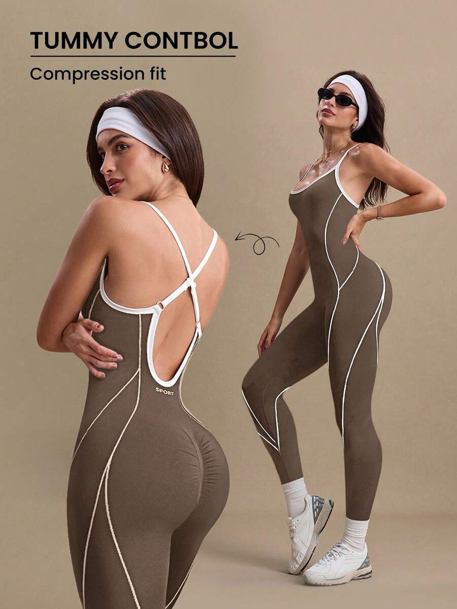 Eassivo Eassivo 女式户外休闲修身无缝连体裤 - 棕色 - 查看 1