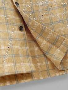 NEON BLANC Men's Street Fashion Woven Rhinestone Spider Web Plaid Short Sleeve Shirt, Halloween - Yellow - View 5