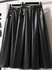 GlowEve CURVE 加大码女式弹力 PU 皮革半身裙，Elenzga 优雅通勤装，配腰带 - 黑色 - 查看 7