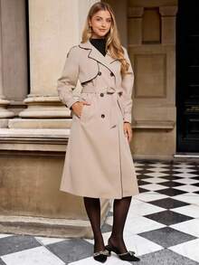 Amorya Women's Elegant Apricot Color-Block Pocket Mid-Length Trench Coat, Suitable For Daily Commute And Versatile Occasions, Autumn Trench Coats Autumn Outfits For Women   Women's Winter Coat  Chic Women's Jacket