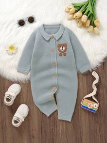 SHEIN Baby Boy Knitted Romper, Peter Pan Collar, Embroidered Bear Design, Cute & Adorable Fall Winter
